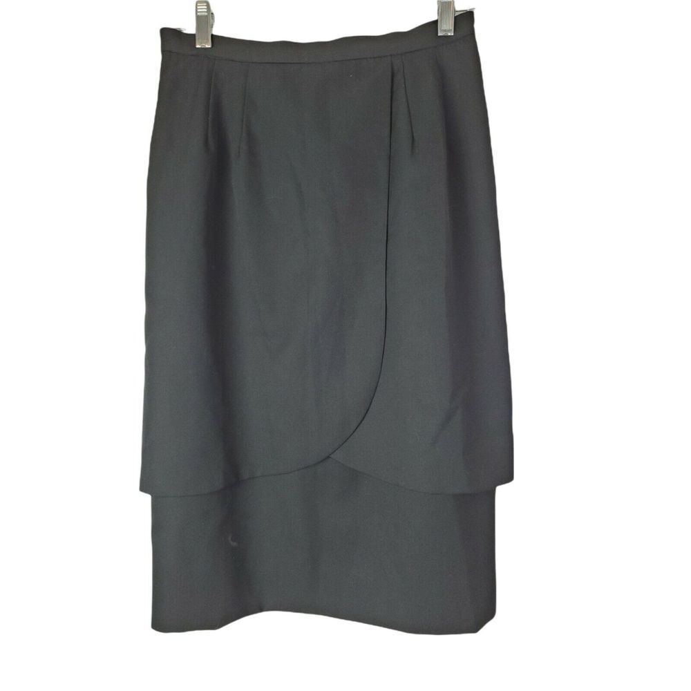 Vintage 80s Women's Black Pencil Skirt Size 6 Tiered Midi Career Zip Slit Back